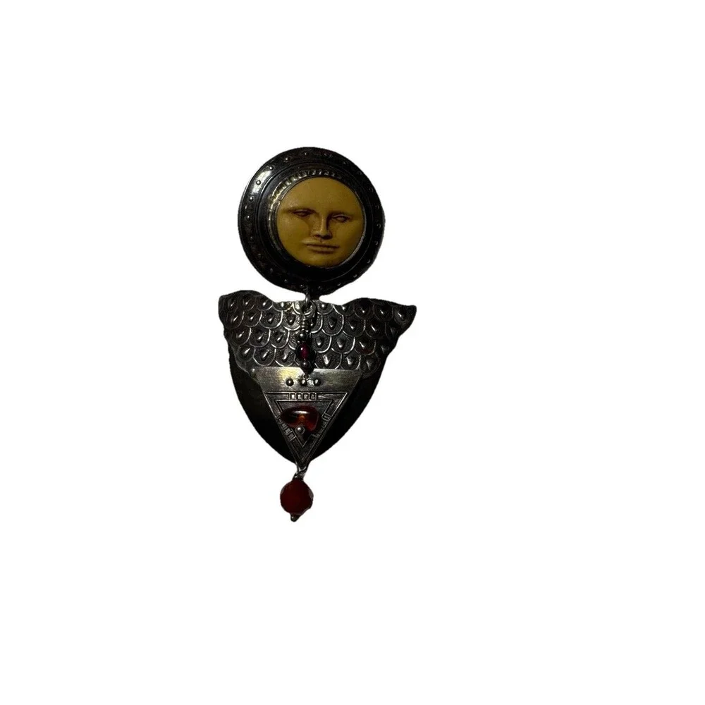 Signed Tabra Moon Face God Goddess‎ garnet & carnelian Beaded Sliver Pin Brooch
